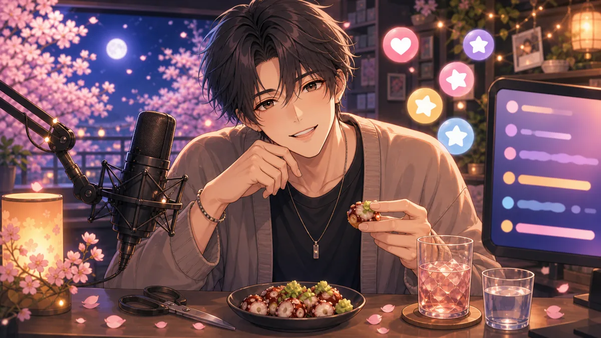 夜桜の配信部屋でタコワサビと飲み物を前にコメントを読むオリジナル男性キャラクターのイメージ
