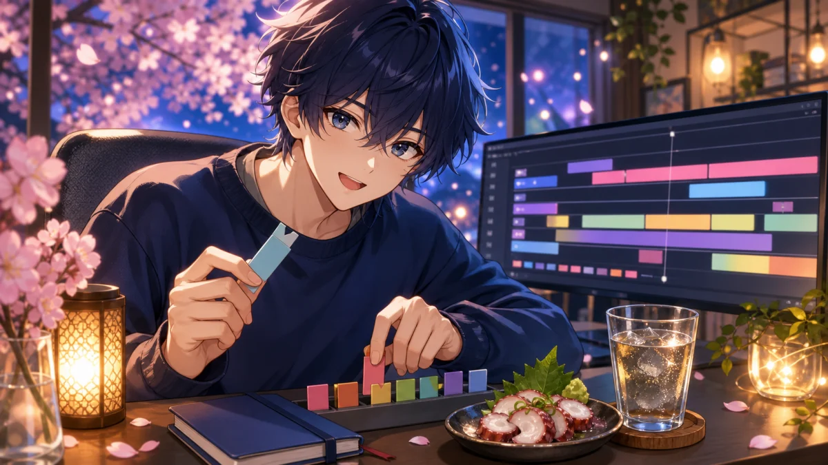 夜桜の配信机でタイムラインとブックマークを整理するオリジナル男性キャラクターのイメージ