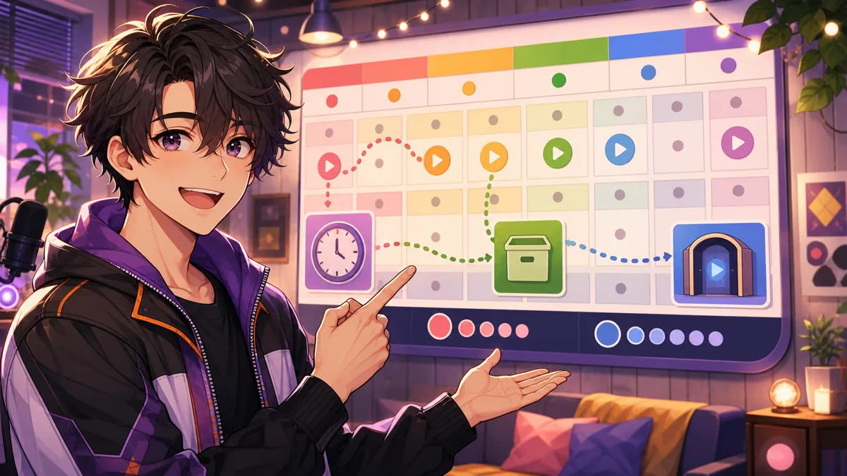 予定表の配信バッジから待機所とアーカイブを選ぶオリジナル男性キャラクターのイメージ