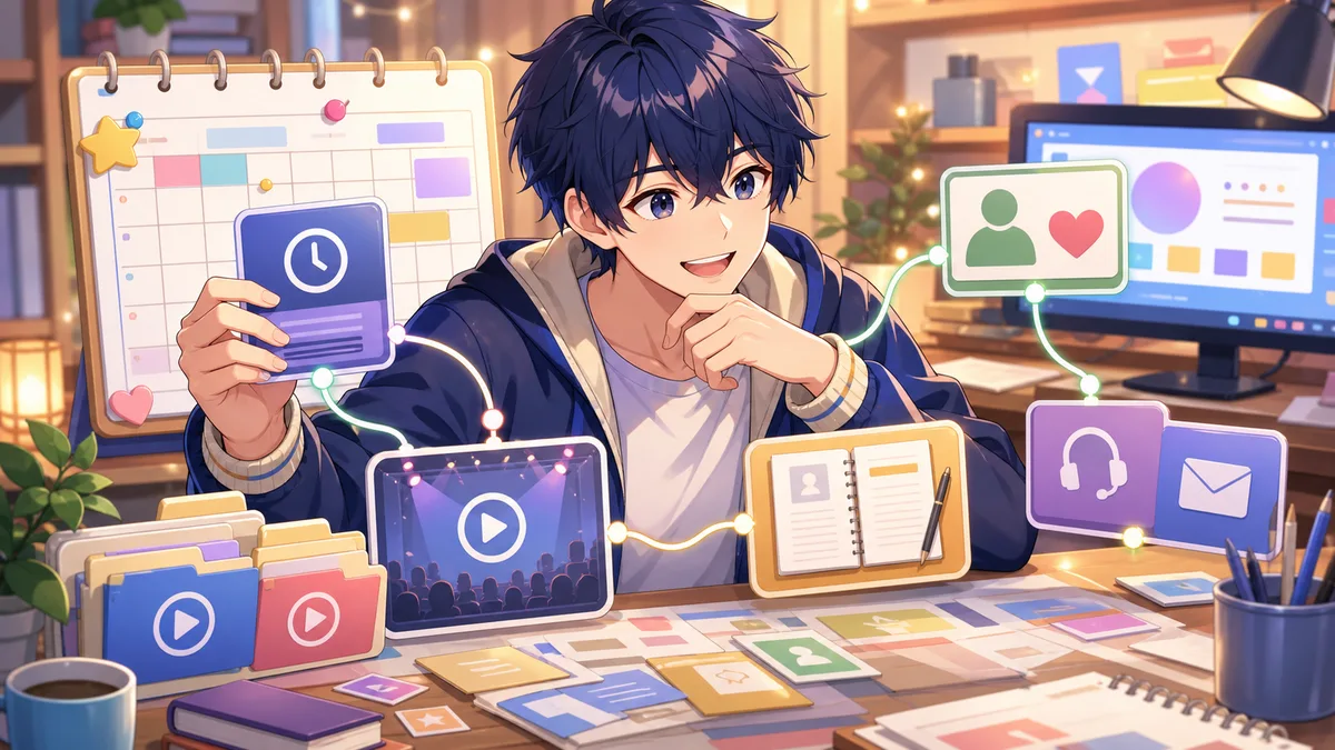 予定表や記録カードをつなげて公式サイトの導線を整理するオリジナル男性キャラクターのイメージ