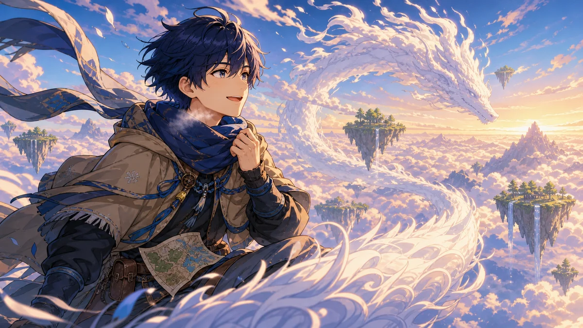 雲の上を進む幻想的な空旅を眺める男性キャラクターのイメージ