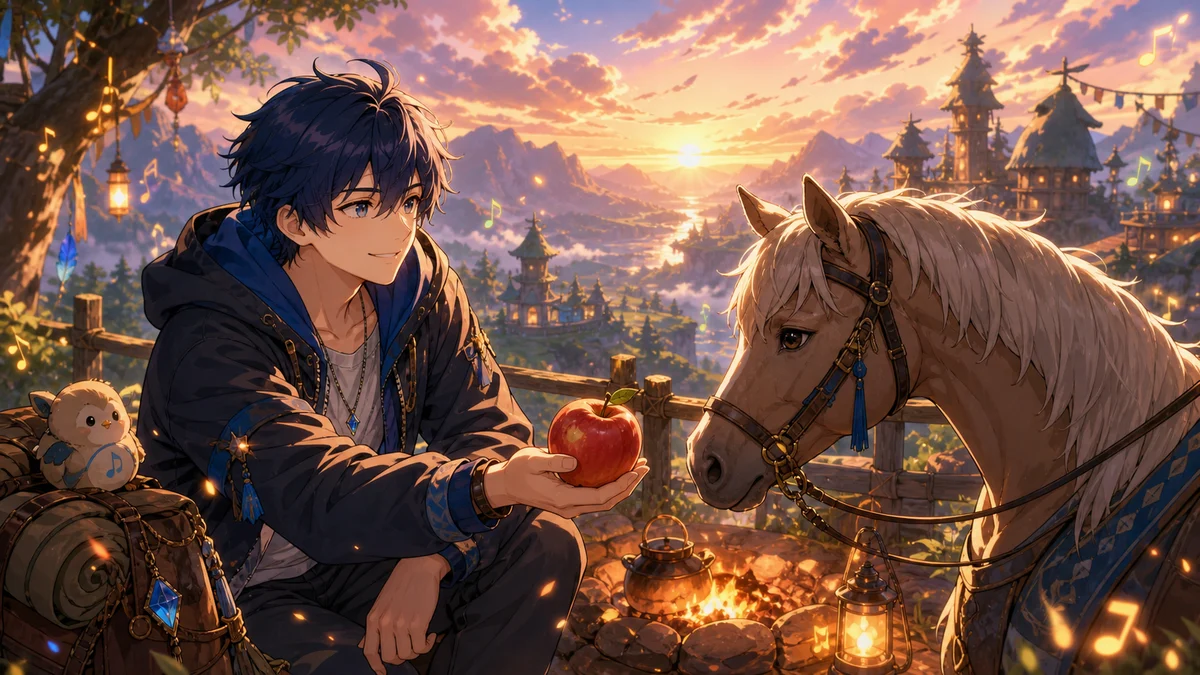 朝焼けの山道で馬と一緒に遠くの村を見つめる男性キャラクターのイメージ