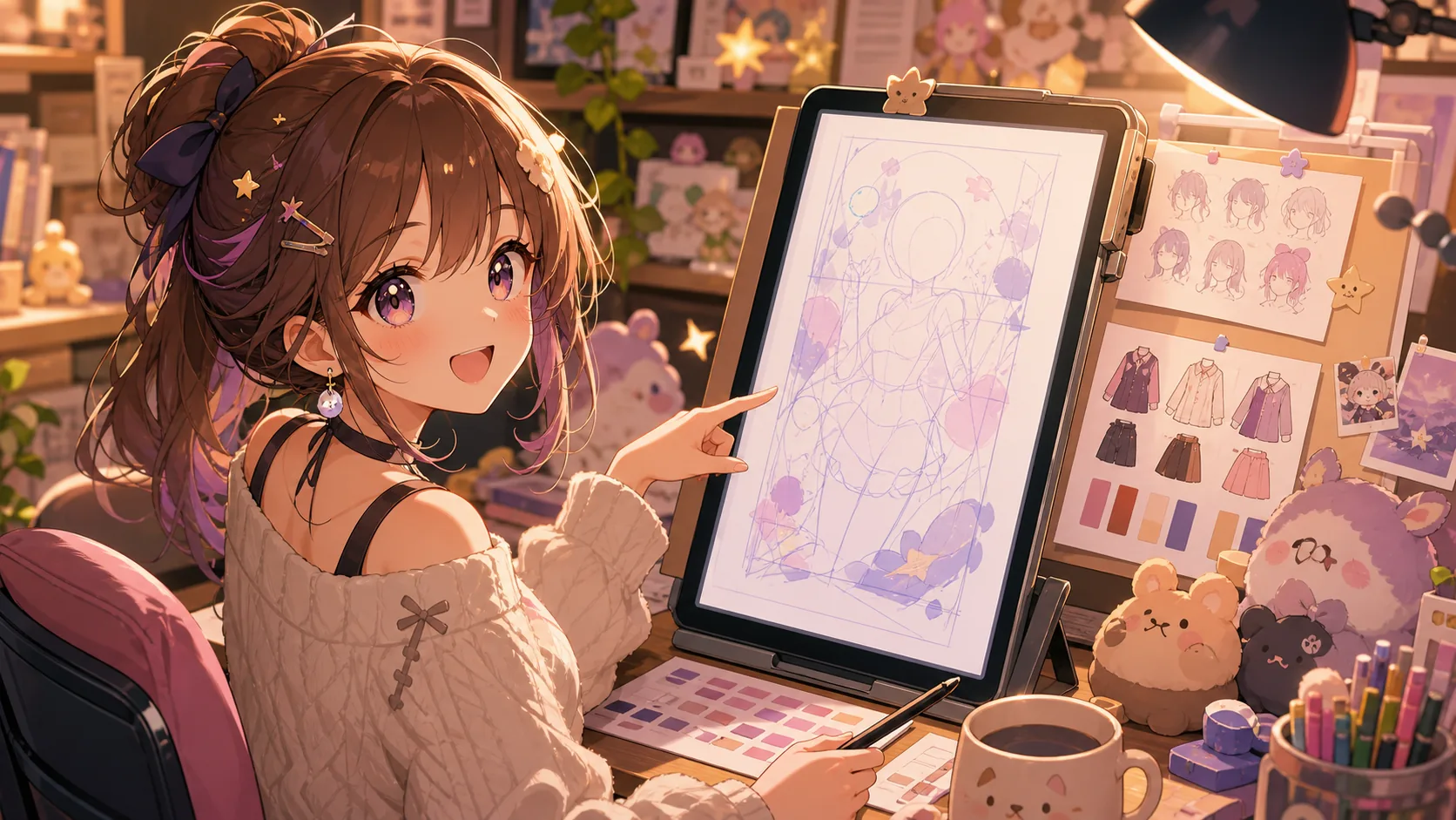 新衣装の資料メモと縦長キャンバスを見比べるお絵かき配信のイメージ