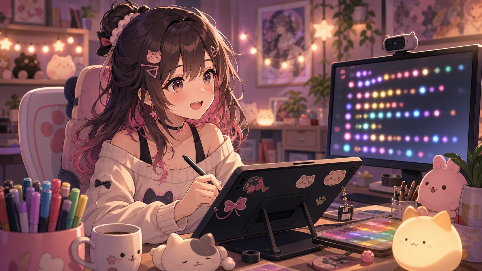 コメント欄の光を横目に色塗りを進めるかわいい創作配信のイメージ