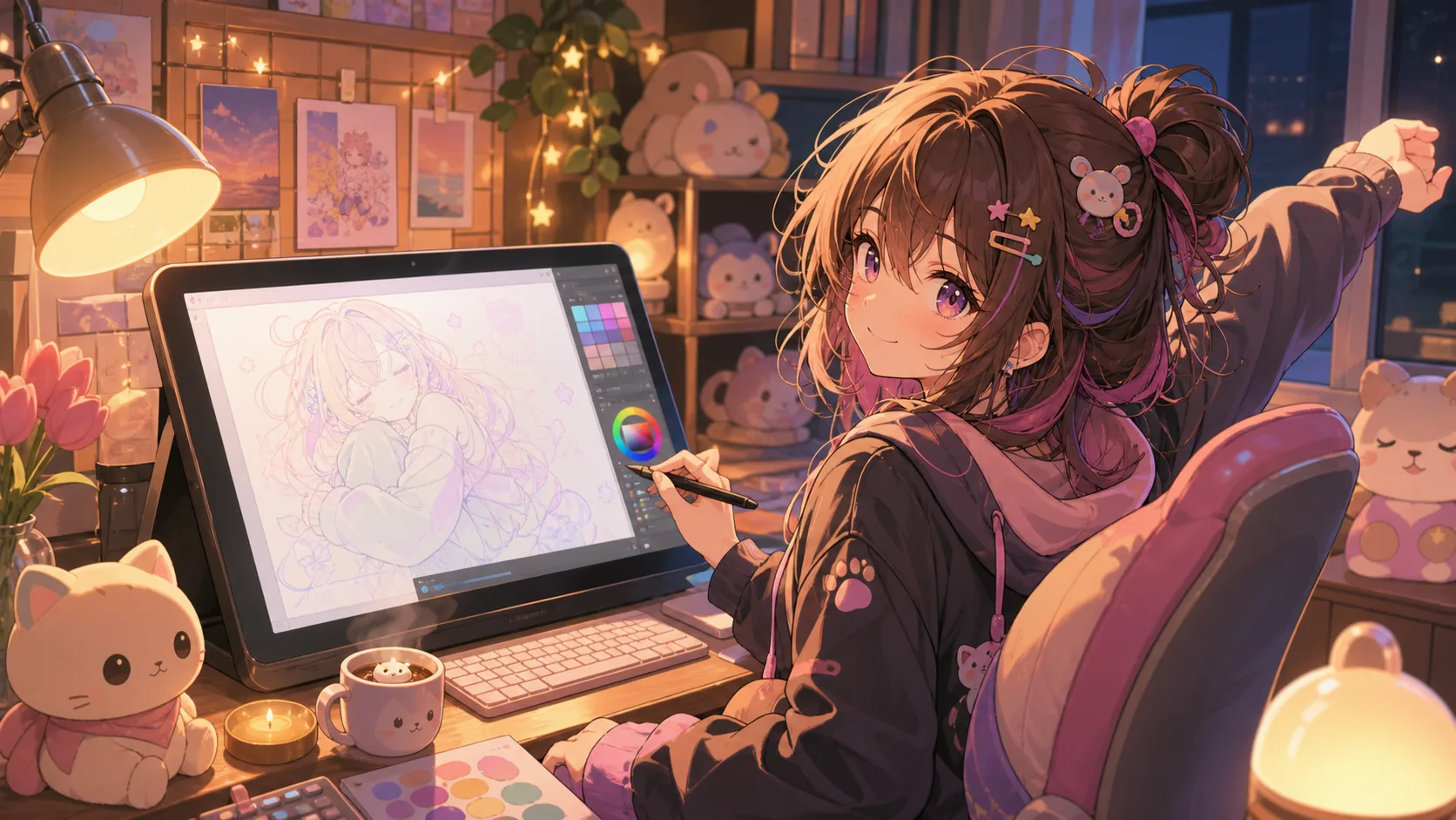 背景色と仕上げメモを見ながら眠そうなイラストを整える創作配信のイメージ