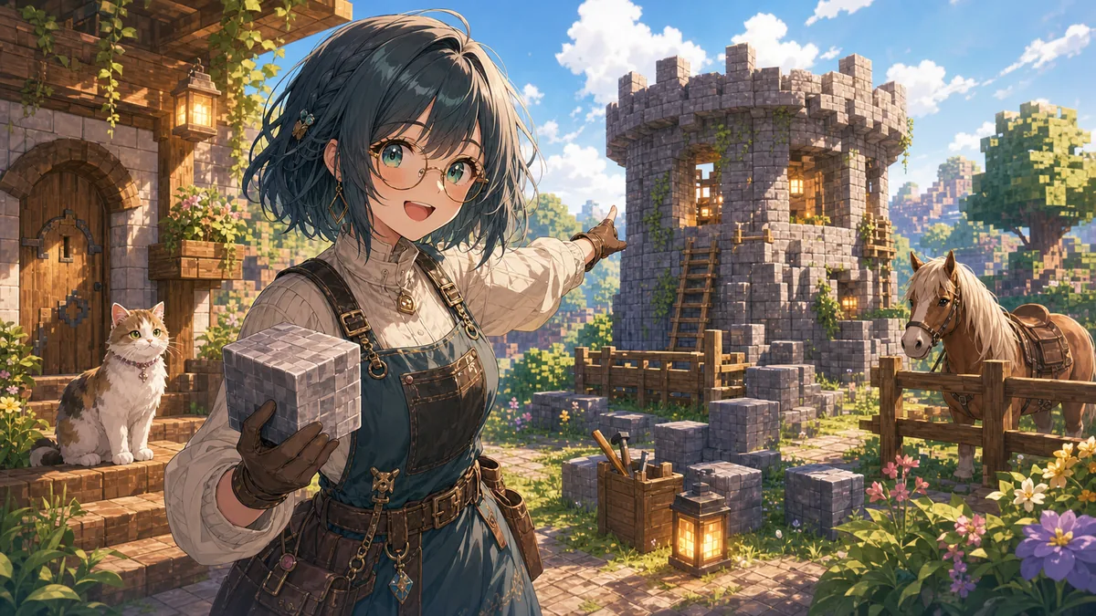 拠点に戻って石の塔を作り始めるイメージ