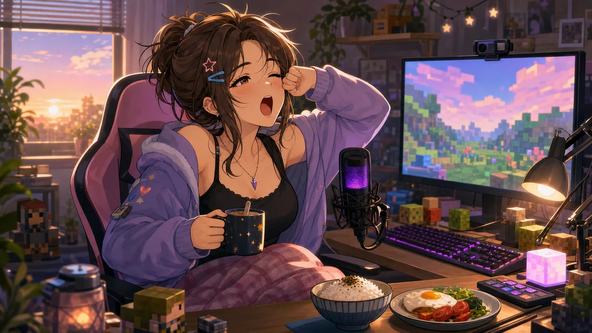 明るい配信部屋で朝食の小物とブロックの模型を前に準備するオリジナル女性キャラクターのイメージ