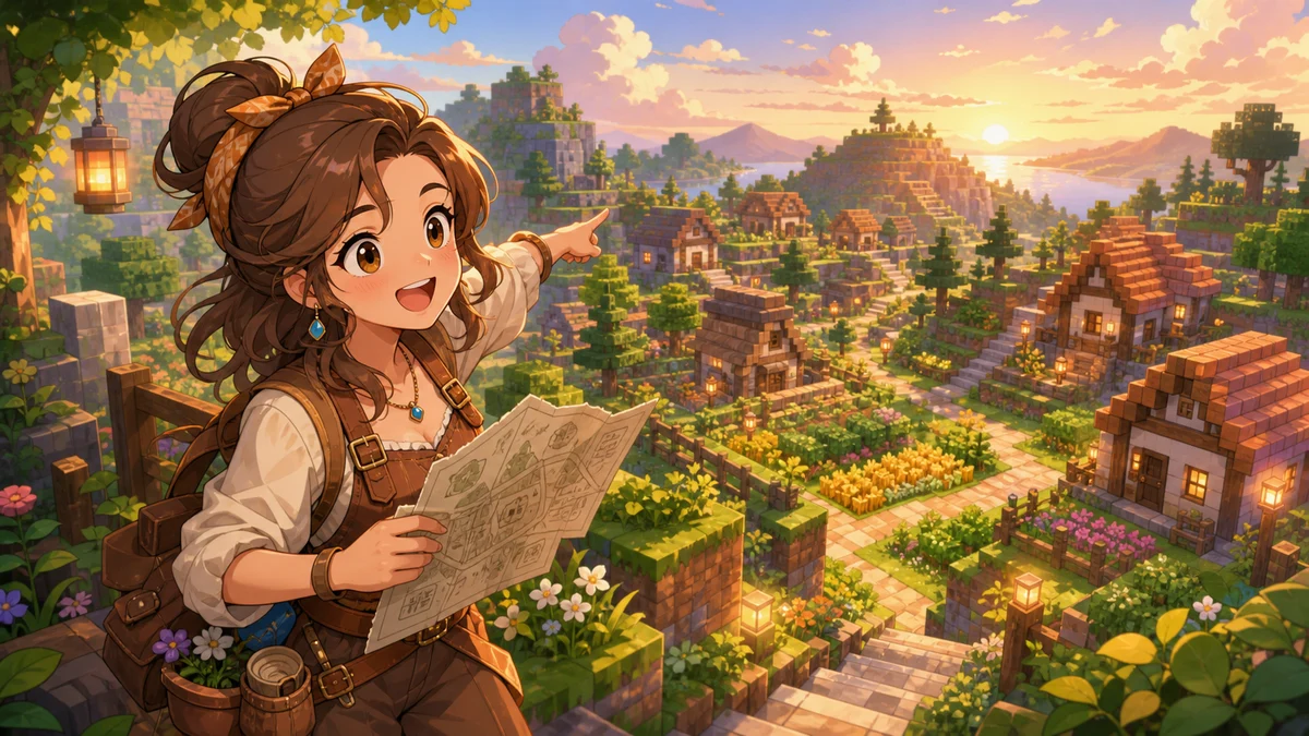 丘の上の小さな村と家並みを眺めながらブロック地図を持つオリジナル女性キャラクターのイメージ