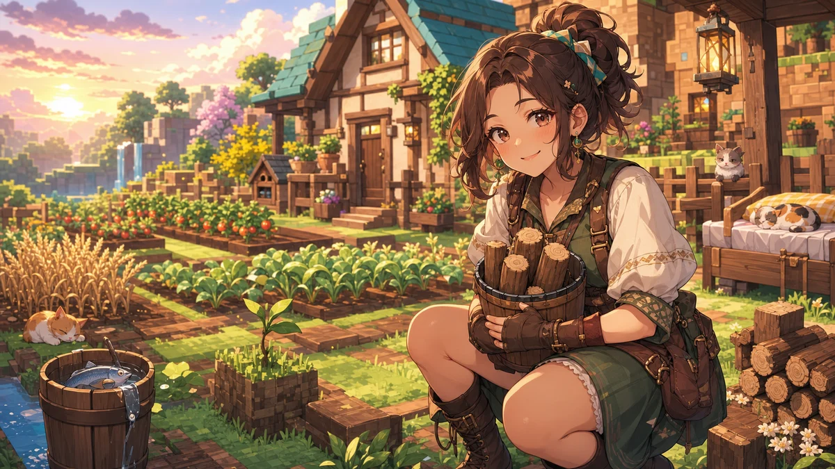 畑と小さなペット用ベッドのそばで魚の入ったバケツを持つオリジナル女性キャラクターのイメージ