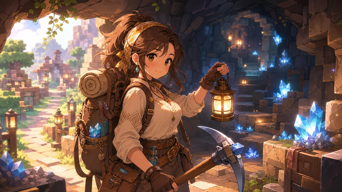 洞窟の入口でランタンとツルハシを持ち慎重に進むオリジナル女性キャラクターのイメージ