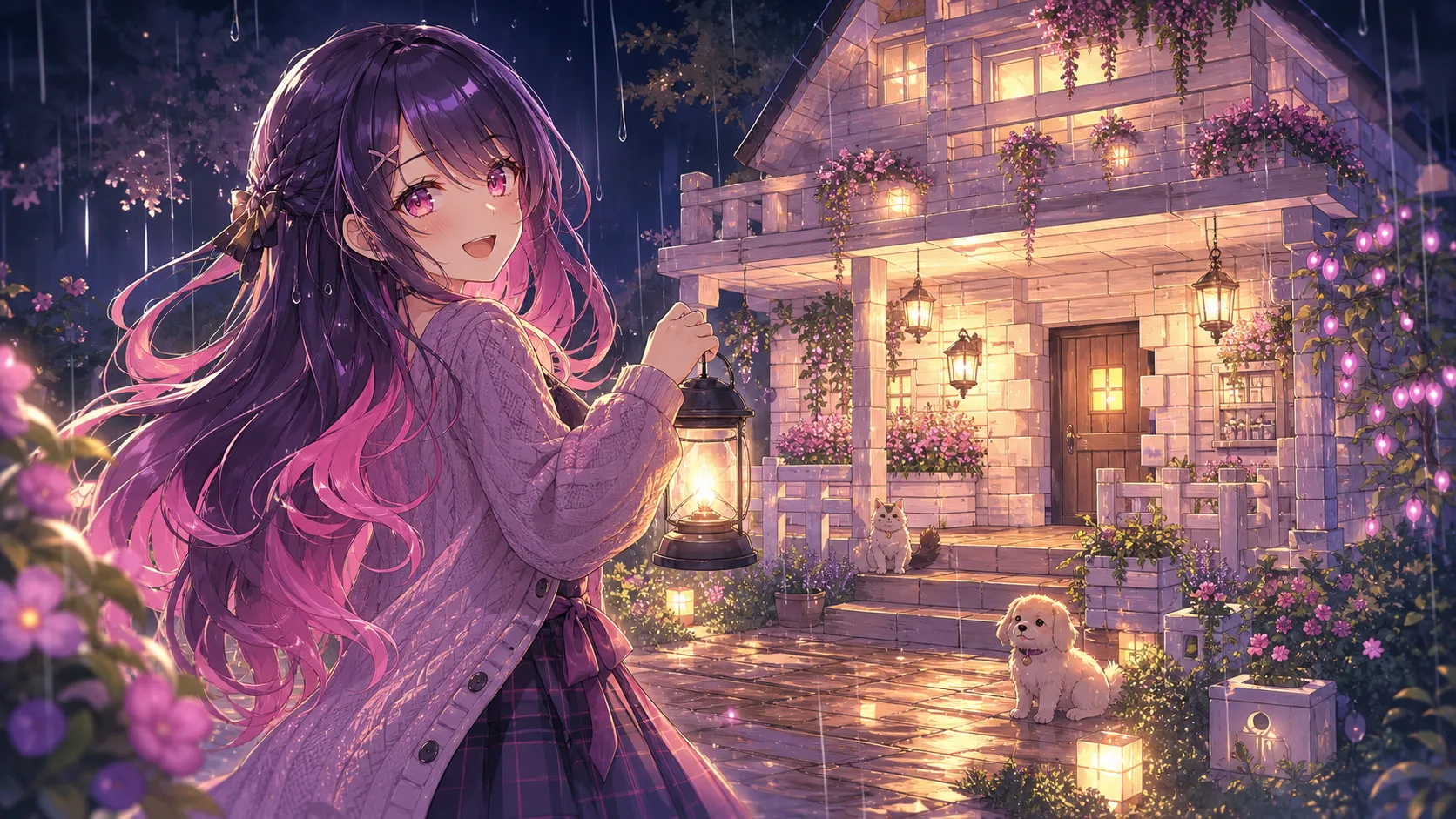 雨の夜に白い家と灯りを見返すオリジナル女性キャラクターのイメージ