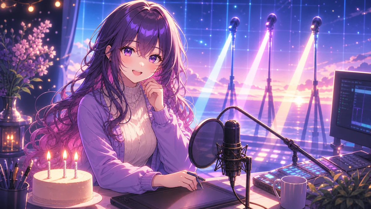 配信机にマイクと小さな記念ケーキ、青い光の音楽プレイヤーが並ぶイメージ