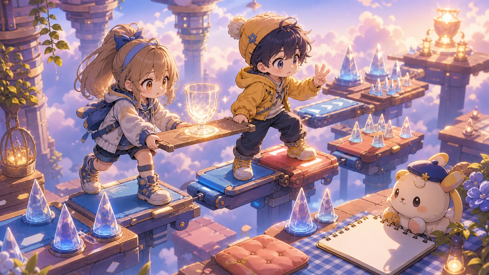 針と動く足場を前に、数えながら慎重に進むオリジナルキャラクターのイメージ