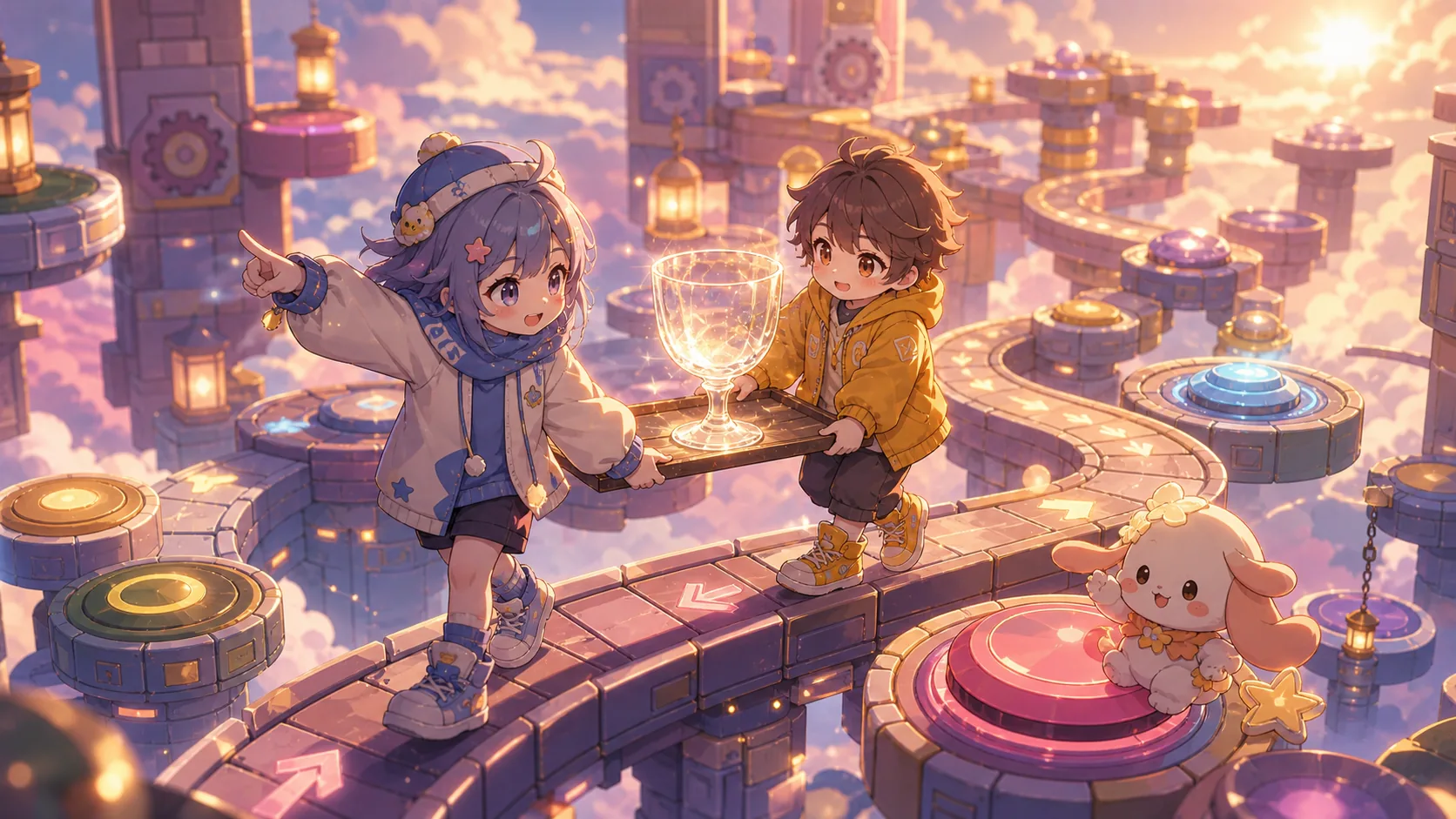 青と赤の動く足場で、片方が先導しながらグラスを運ぶオリジナルキャラクターのイメージ