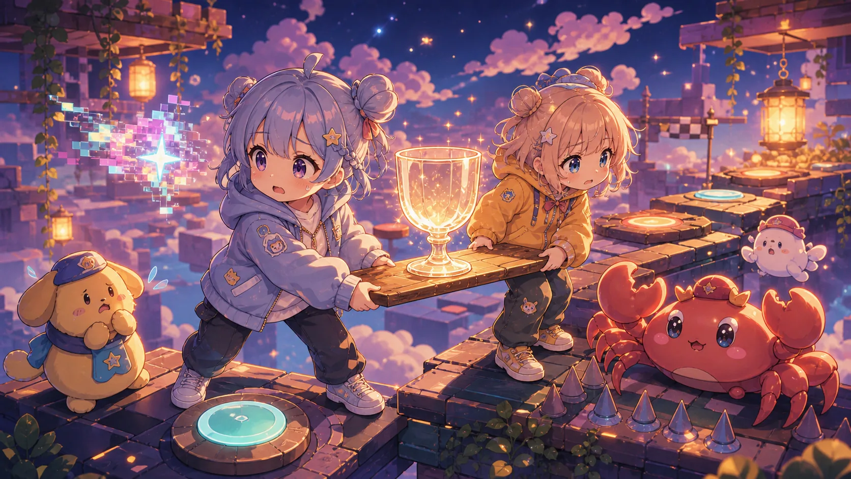 終盤のボタンとかわいい蟹型の障害物を前に粘るオリジナルキャラクターのイメージ