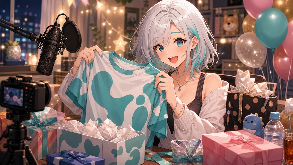 明るい配信机で誕生日プレゼントの箱とグッズTシャツを前に笑うオリジナルキャラクターのイメージ