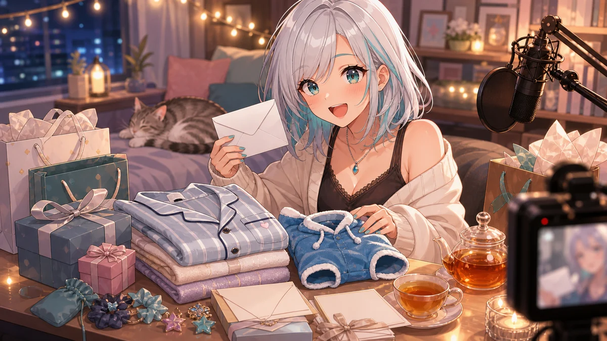 やわらかい部屋でパジャマ、手紙、星柄の小物、猫用の水色服を囲むオリジナルキャラクターのイメージ