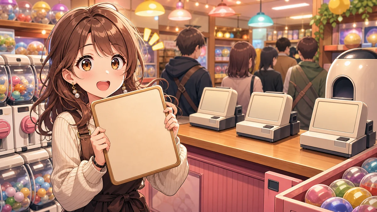 明るい配信部屋でガチャ筐体の模型とレジ担当表を前に考える人物のイメージ
