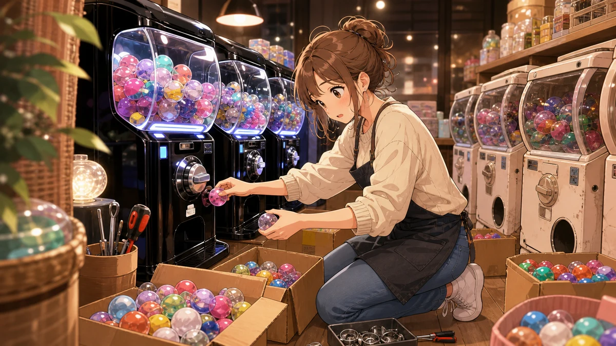 ガチャ筐体の中身を移し替え、在庫箱と工具を並べて確認する人物のイメージ