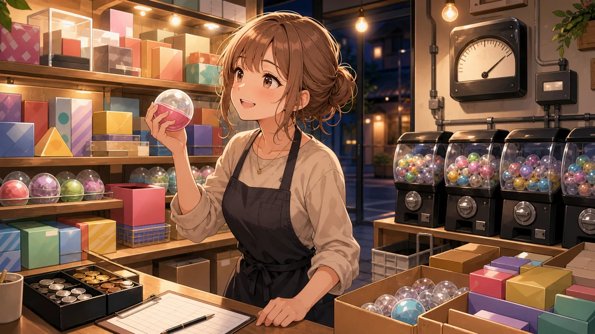 閉店後のガチャショップで景品棚と電気代メモを前に次の配置を考える人物のイメージ