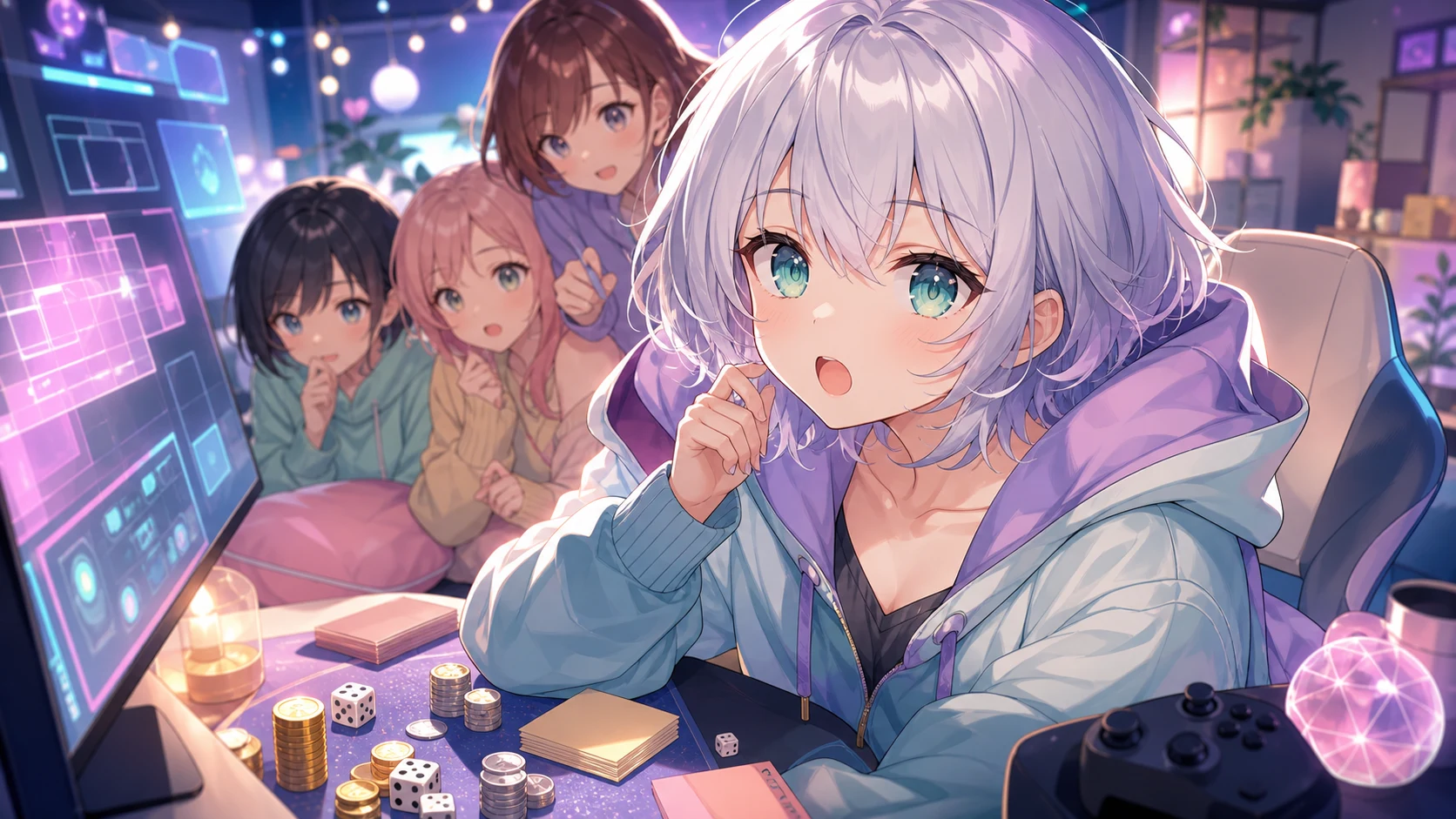 明るい配信部屋でサイコロとコインを前に英語の画面をのぞき込む人物たちのイメージ