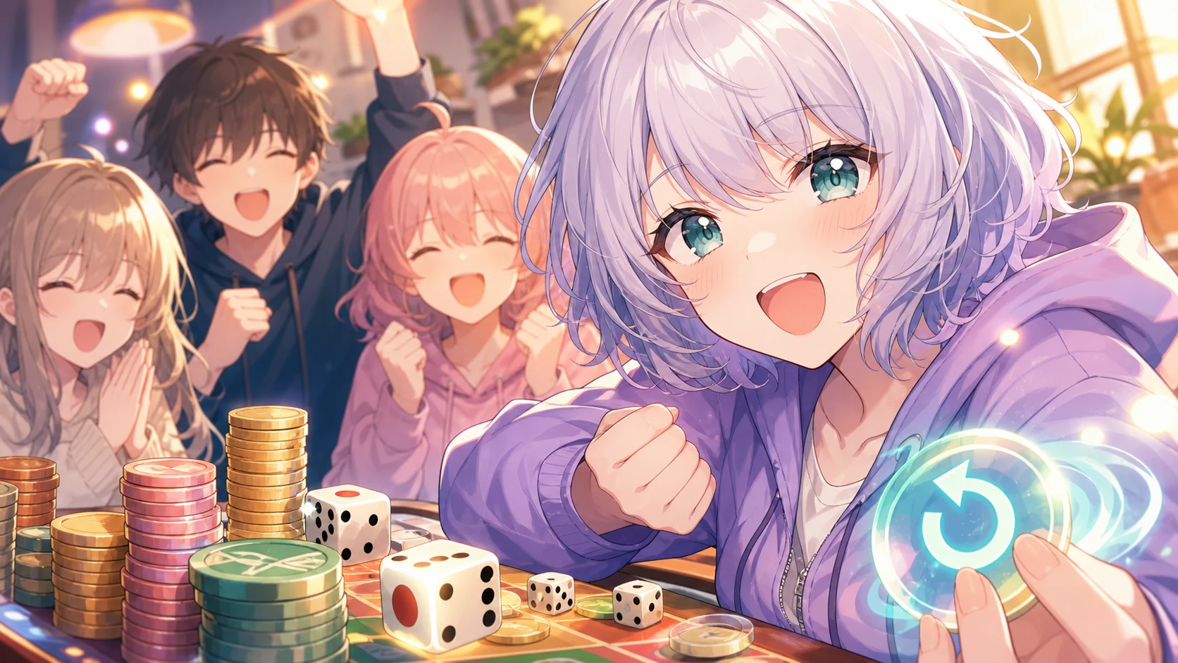 終盤のゲーム部屋でコインの山とサイコロと巻き戻しアイテムを囲む人物たちのイメージ