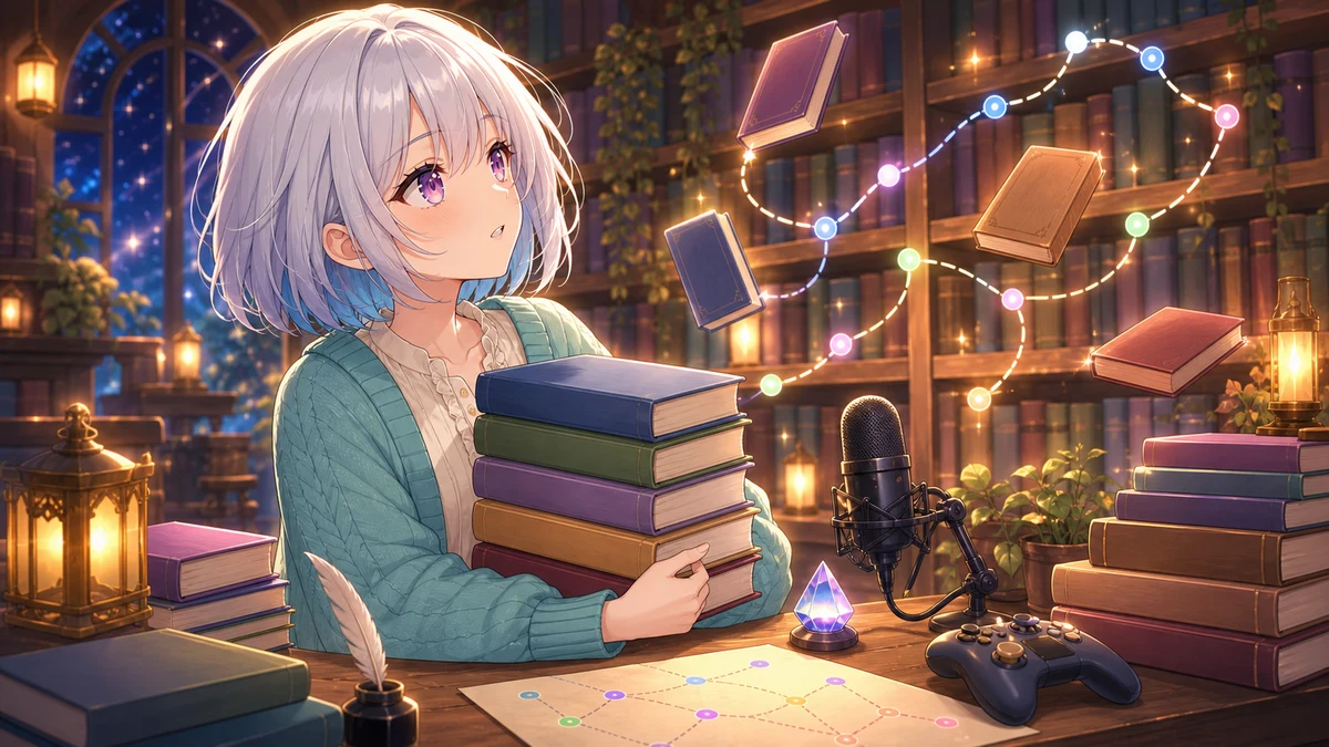 魔導図書館の机で無地の本と進行メモを見比べるオリジナル女性キャラクターのイメージ