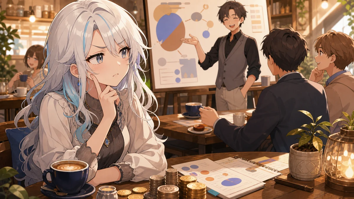 喫茶店のテーブルで資料とコーヒーを囲みながら話を聞く人物たちのイメージ