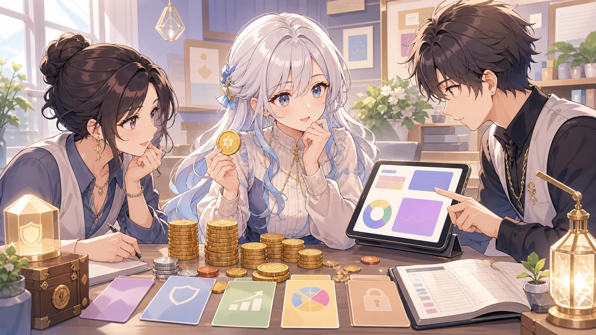 明るい事務机でコイン、カード、帳簿アプリを見比べる人物たちのイメージ