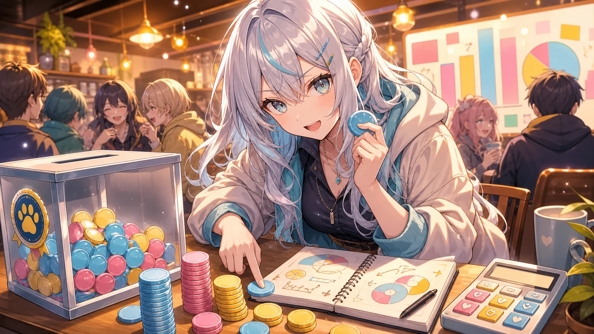 明るい店内で投票箱とコインを前に作戦を立てる人物のイメージ
