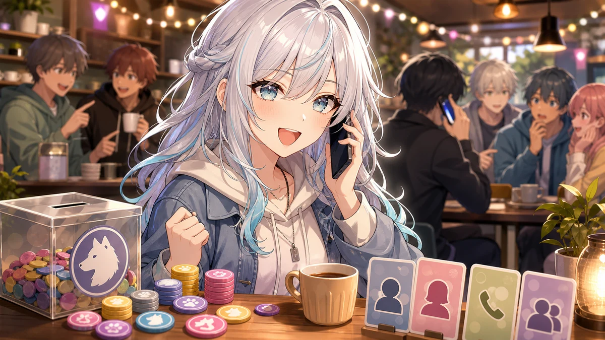 カフェのカウンターで電話と投票メダルを見比べる人物のイメージ