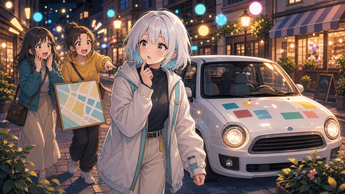 夜の街角で車と地図を囲み、困った顔で出来事を共有する人物たちのイメージ