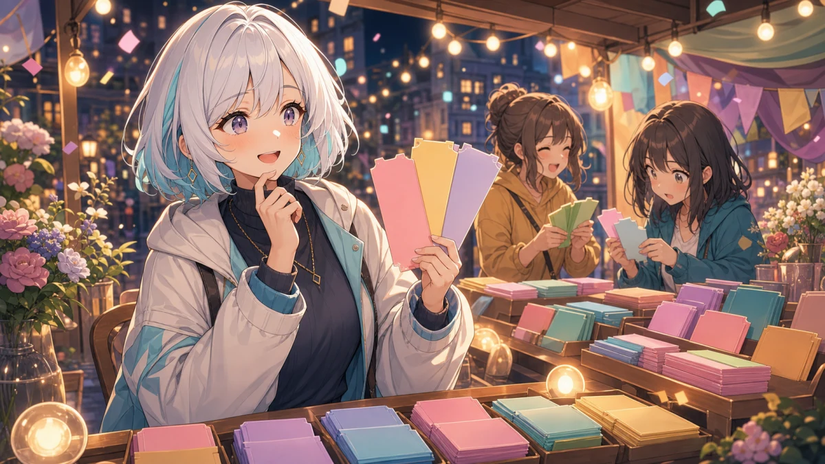 チケット売り場の前でカードと小さな掲示を見ながら話す人物たちのイメージ