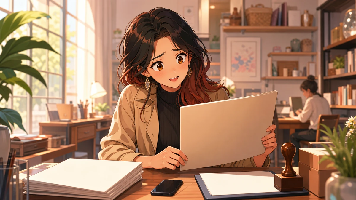明るい応接スペースで契約書と電話を前に相談する女性キャラクターのイメージ