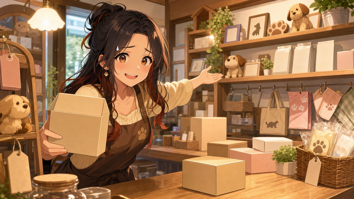 にぎやかな店内で犬の飾りと商品棚を前に接客する女性キャラクターのイメージ