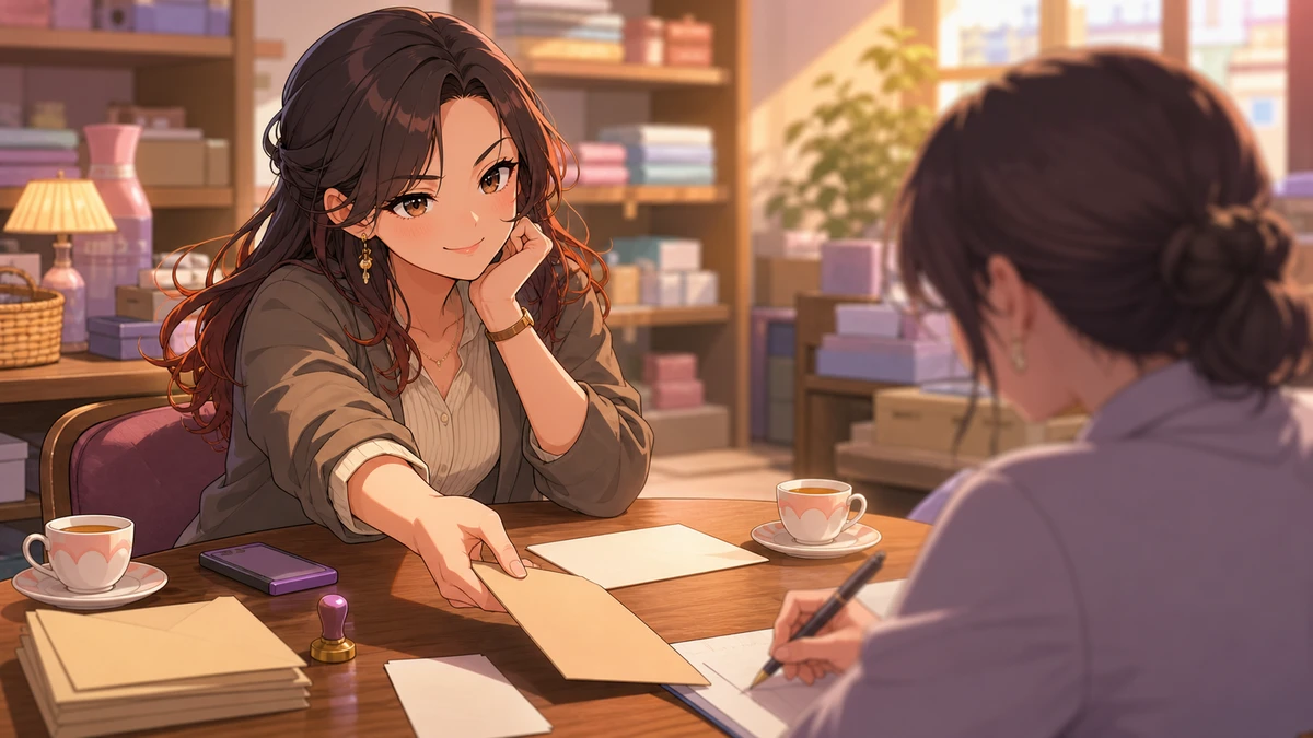 店内の丸テーブルで封筒とメモを前に話し合う女性キャラクターのイメージ