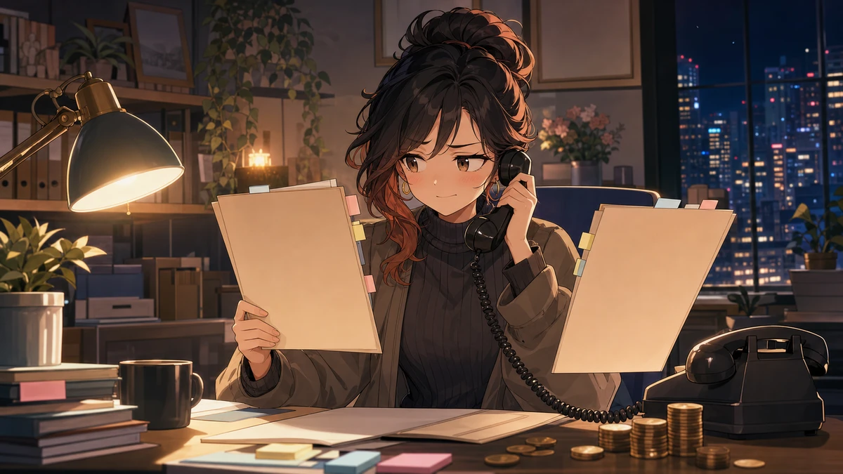 夜の街のオフィスで電話と契約書を前に笑う女性キャラクターのイメージ