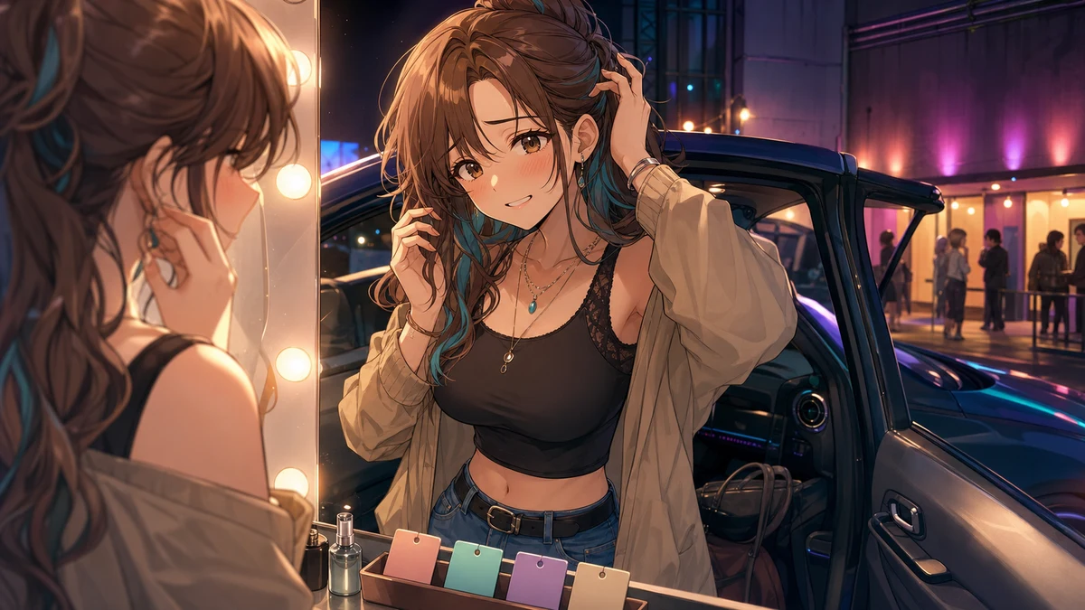 夜の街角で無地のチケットとスマートフォンを手に迷う女性キャラクターのイメージ