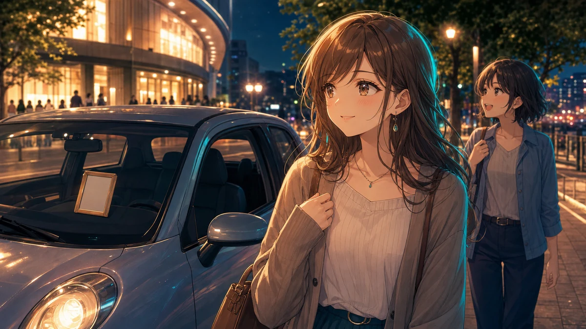 ライブ会場の入口で無地のリストバンドを持つ二人の女性キャラクターのイメージ