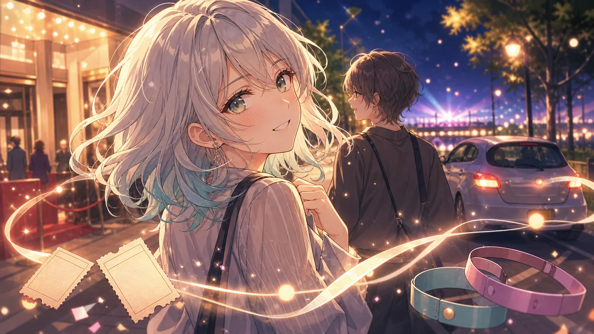 夜のライブ会場前でチケットと光の輪に囲まれながら振り返る二人の人物のイメージ