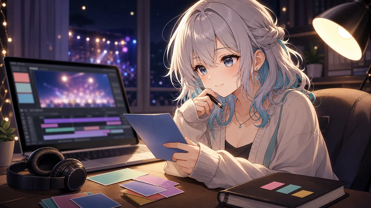 夜の机でノートとヘッドホンを並べ抽象的な動画画面を確認する女性キャラクターのイメージ