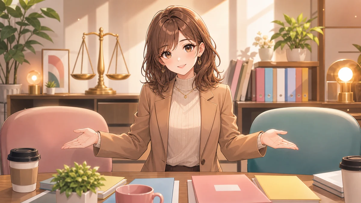 明るい事務所で書類を前に相談する女性キャラクターのイメージ