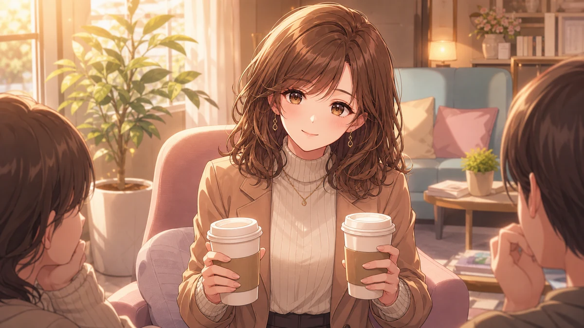 飲み物を持って静かな通路で相談する女性キャラクターのイメージ
