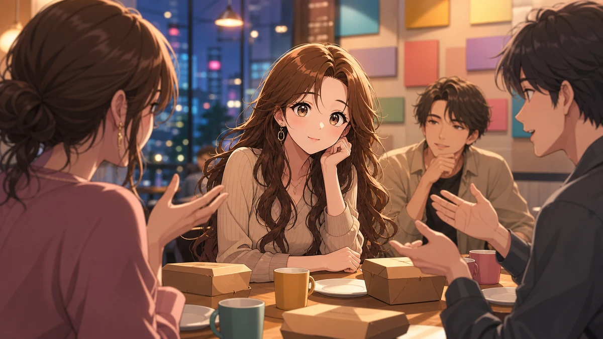 夜のカフェで食品箱を囲みながら話を聞く女性キャラクターのイメージ