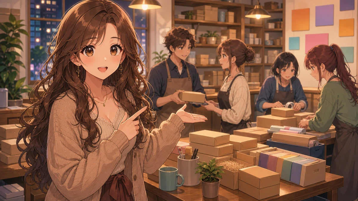 温かな職場で食品箱と道具を前に段取りを示す女性キャラクターのイメージ