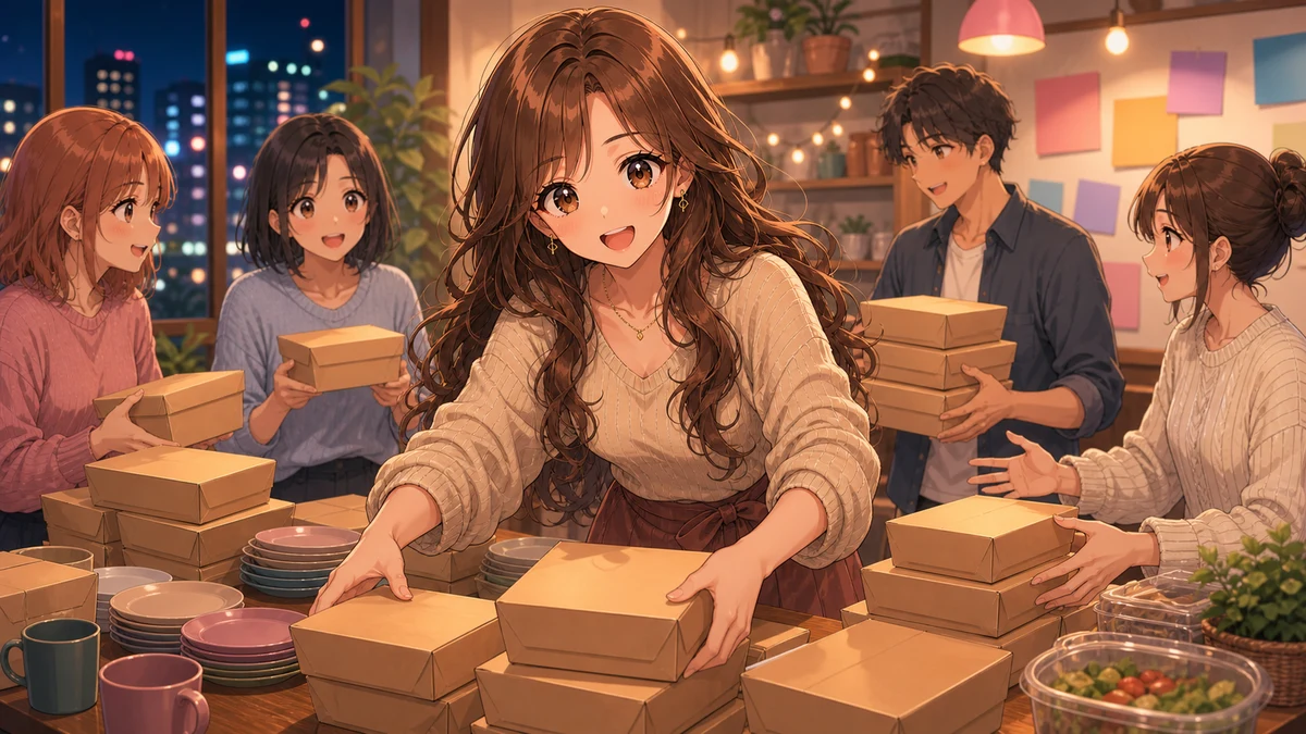 夜の会議室で食品箱を並べながら協力を確認する女性キャラクターのイメージ