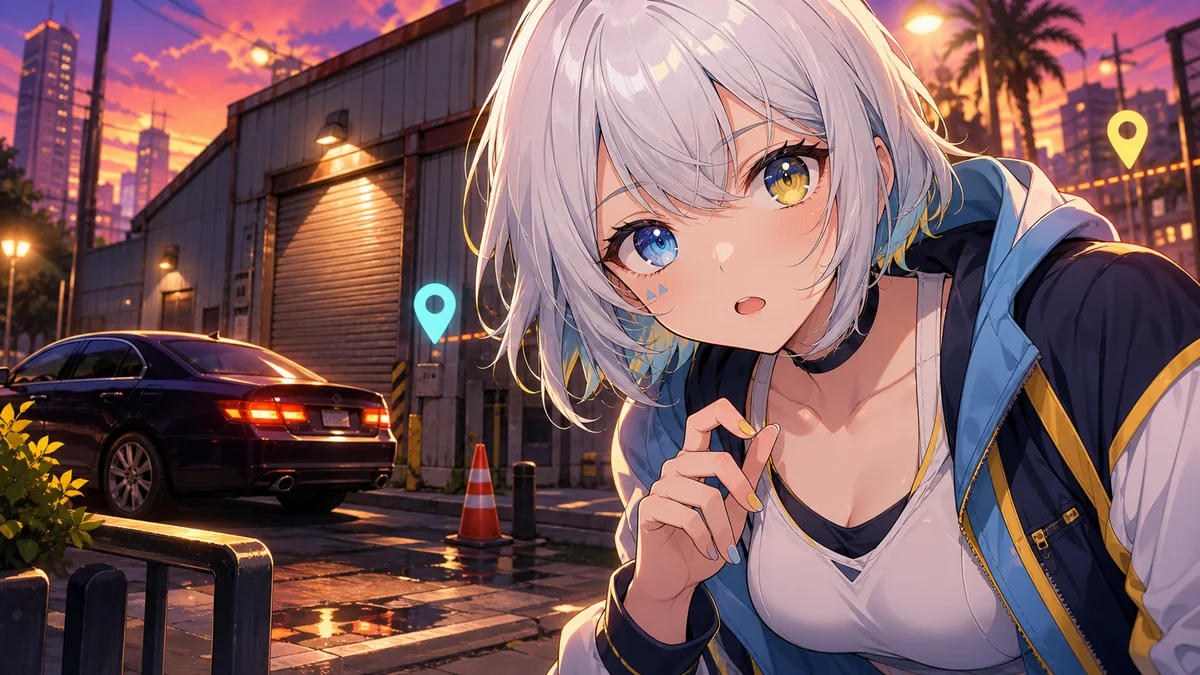 夕方の街角で謎めいた車と倉庫を見つめる女性キャラクターのイメージ