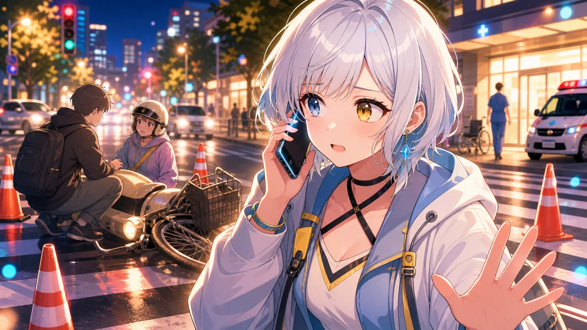 交差点で小さな事故対応をしながら電話を握る女性キャラクターのイメージ