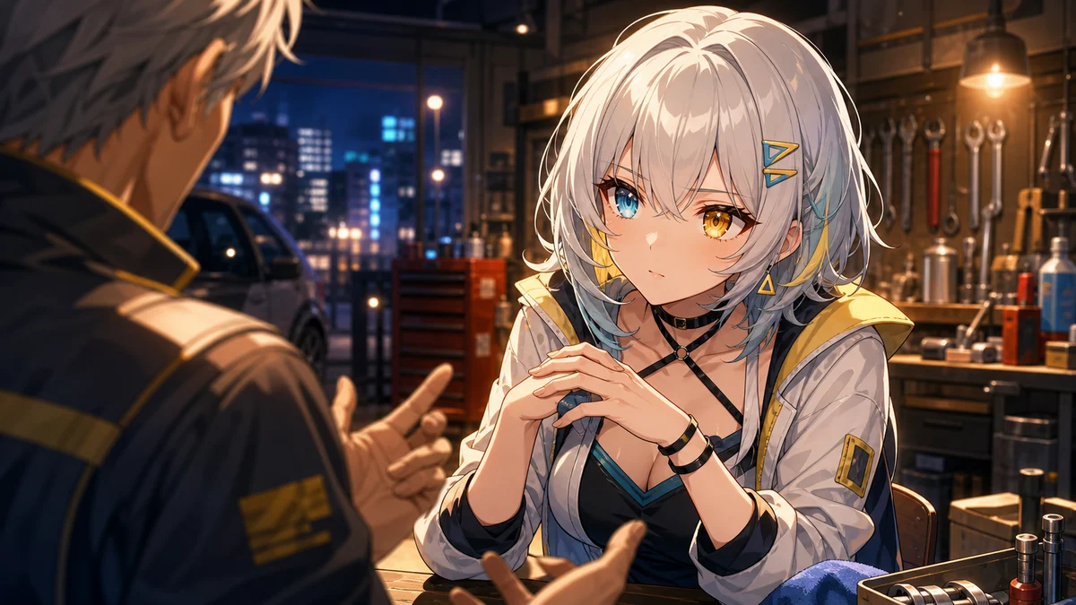 静かな整備工場で先輩から注意を受ける女性キャラクターのイメージ
