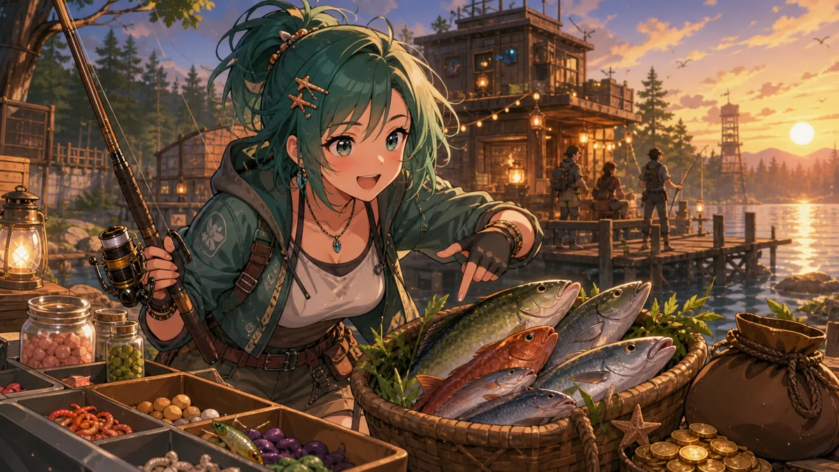湖畔で釣り竿と素材を持ちチームの資金づくりを考えるオリジナル女性キャラクターのイメージ